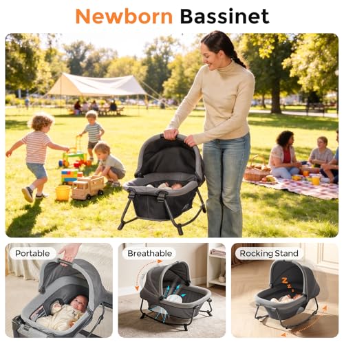 Pamo Babe Pack and Play with Bassinet - 7 in 1 One-Step Setup Bedside Crib, Portable Playpen, Travel Crib, Baby Playard with Diaper Changing Station, Toy Bar & Large Storage Bag