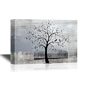 Abstract Tree Canvas Wall Art - Black Tree Branch with Leaves and Birds on Grey Background - Gallery Wrap Modern Home Art | Ready to Hang - 12x18 inches