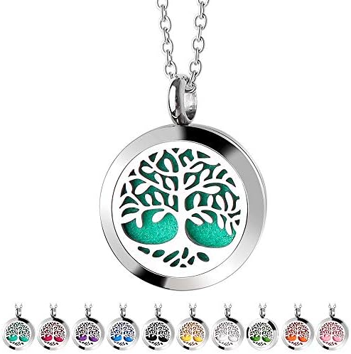 RoyAroma 20mm Mini Aromatherapy Essential Oil Diffuser Necklace Tree of Life Pattern Carving Locket Pendant, 23.6 Inches Adjustable Chain Stainless Steel Necklace