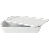 Gibson Home Gracious Dining 2.6-Qt White Stoneware Covered Baking Dish w/Multi-Purpose Lid &ndash; 12.7" x 9" Rectangular Oven Safe Casserole, Lasagna &amp; Roasting Baker, Lid Doubles as Serveware or Trivet