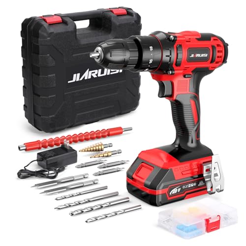 Power Drill Cordless, 20V Cordless Drill, Electric Power Drill Set with 1 Battery & Charger, 3/8” Keyless Chuck, 2 Variable Speed, 18+3 Torque and 72pcs Drill/Driver Bits, Red