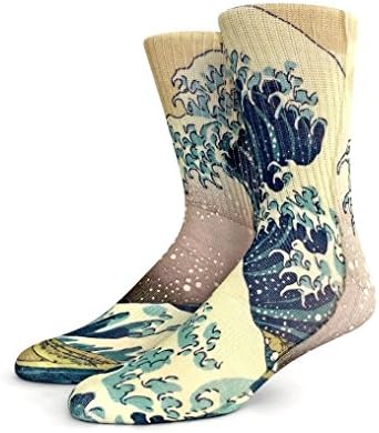 Kicky Jawbone Funny Crazy Novelty Crew Socks for Men (L Shoe Size 9 โ 12.5, Japanese Wave)