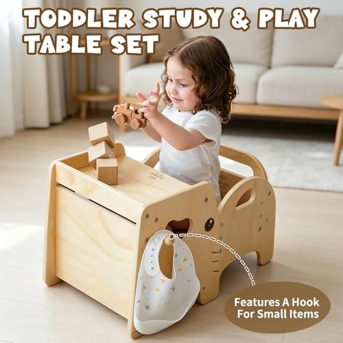 Lehoo Castle Toddler Table and Chair Set for 1-3 Years Boys Girls | 3-Level Adjustable Chair, Wooden Kid Desk with Shelf & Hook, Montessori Weaning Eating Playing Table, Easy Assemble, Elephant