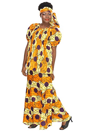 African Planet Women's Ethnic Yellow Kaftan Buba Blouse Skirt Headwrap Printed