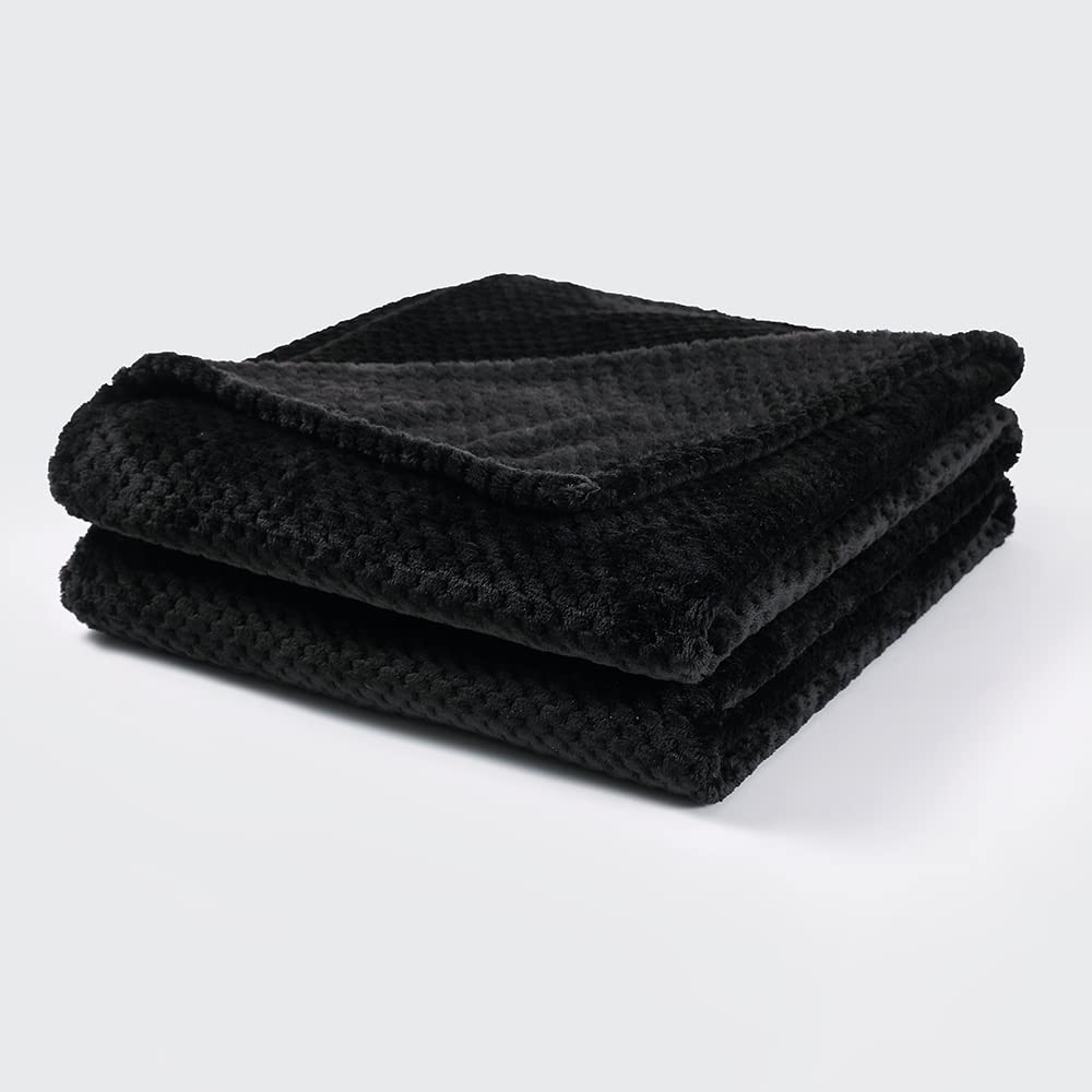 Bear & Panda Waffle Flannel Fleece Mink Throw - Sofa/Bedspread/travel Blankets –Honeycomb Super Soft, light-weighted, Warm, Cosy Large Size Single, Double, King (Black, Double (152 x 203cm))