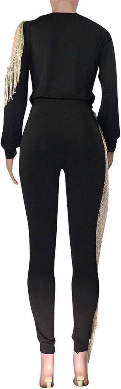 Womens 2 Piece Tracksuit Tassel Cold Shoulder Long Sleeve Pullover Top Skinny Pants Set