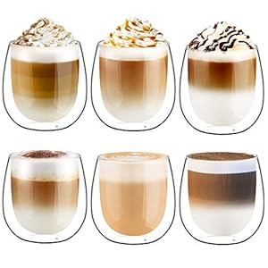 glastal 250ml*6 Tazas de Café de Cristal, Vasos de Doble Pared Transparente, Tazas de Vidrio Borosilicato para Café Leche Té Latte Macchiato y Más