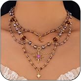 Meztole Renaissance Fairy Necklace for Women,Y2K Star Sun Moon Natural Crystal Tassel Chain Choker Necklaces Fantasy Renfaire Necklace for Woodland Fairycore Jewelry Cosplay Costume Accessories