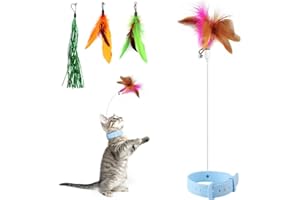 Otunrues Cat Feather Collar Toys, Interactive Cat Toys for Indoor Cats Teasing Wand Collar Funny Cat Toy with Bell and Replaceable 3 Feathers Refills Multiple Ways for Cats to Play(Blue)