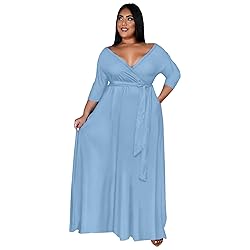 Runwind Plus Size Dress for Women 3/4 Sleeve V Neck
