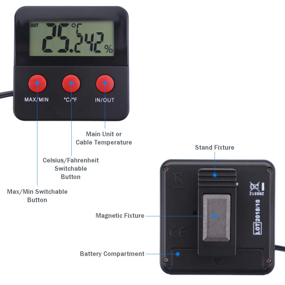 Digital Reptile Thermometer and Humidity Gauge Remote Probes