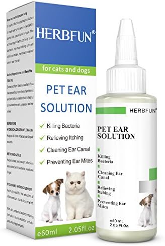 HERBFUN Dog &amp; Cat Ear Cleaner:Pet Ear Yeast Infection Treatment, Ear Solution For Ear Mites Prevention,Drops For Ear Canal Wax Cleaning,Reduces Itching &amp;Head Shaking, Anti - Bacterial &amp; Non-Irritant.