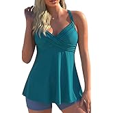 Hilor Women's Underwire Tankini Top Swimwear Twist V Neck Swimsuit for Big Busted Flared Flowy Bathing Suit