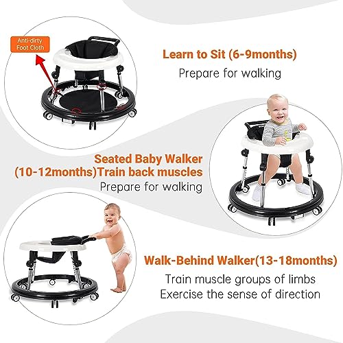 Hcosmy Baby Walker Foldable with 9 Adjustable Heights, Baby Walkers and Activity Center for Boys Girls Babies, Baby Walker and Bouncer Combo with Wheels Portable Anti-Rollover