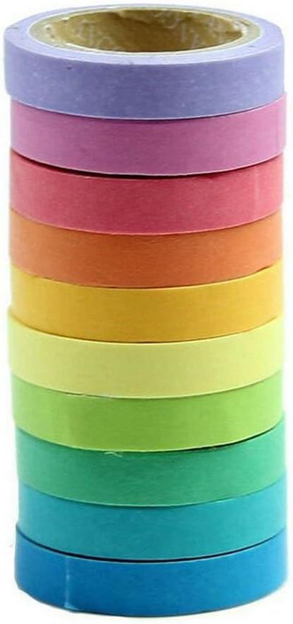 Spaufu 10x Decorative Tape Solid Bright Colored Self-Adhesive Paper Masking Tape Rolls for Bullet Journal Album Scrapbook DIY Craft Gift Wrapping