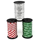 Christmas Curling Ribbon Pack of 3 Rolls Green, Red & White Stripes, and Metallic Silver; Holiday Party Crafts Supplies Decorations- 100 Yards Per Roll - Total of 900 Feet; By Gift Boutique