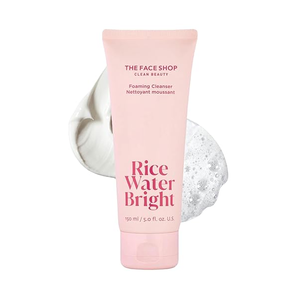 THE FACE SHOP RICE WATER BRIGHT FOAMING FACIAL CLEANSER WITH CERAMIDE, GENTLE FACE WASH FOR HYDRATING & MOISTURIZING, VEGAN FACE CLEANSER, MAKEUP REMOVER, KOREAN SKIN CARE FOR ALL SKIN TYPES, 150ML