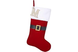 JKSVE 20" Nylon Flocking Fabric Santa Clau Belt Buckle Christmas Stocking with Personalized Wooden Initial Monogram Christmas Stocking, Holiday Xmas Party Decorations（Red/Hunter Green） (Red-M)