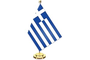 Greece Desk Small Flag Set,5×8 Inch Greek Mini Desktop table Banner,12" Metal Solid Pole Decor,Tiny Digital Printed Polyester