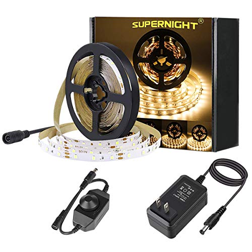 SUPERNIGHT LED Light Strip Warm White 3000K 16.4ft SMD 2835 300leds Flexible Rope with DC 12V Power Adapter and Dimmer for Indoor, Bedroom, Car, TV Backlighting