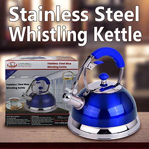 Premium Quality 18/8 Food Grade Heavy Gauge Blue Stainless Steel Whistling TEA KETTLE with Ergonomic Soft Grip Anti-Hot Handle BY UNIWARE- Stovetop pot 2.7 qt. 12 Cup Teapot