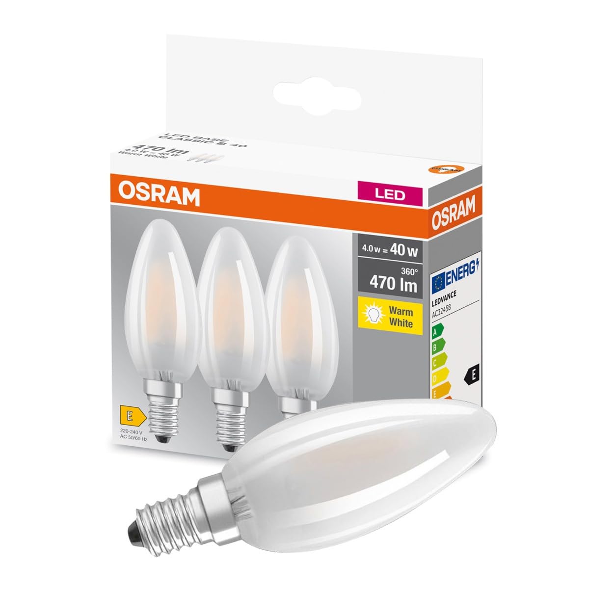 OSRAM LED Base Classic B / LED-lamp in candle shape with E14-base / not dimmable / replacement for 40 Watt / Matt / warm white - 2700 Kelvin / pack of 3