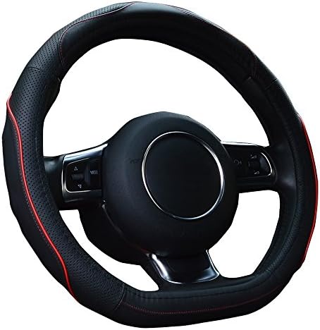 Maiku Leather Steering wheel Cover Style Steering Handle Grip with Red 15Inch