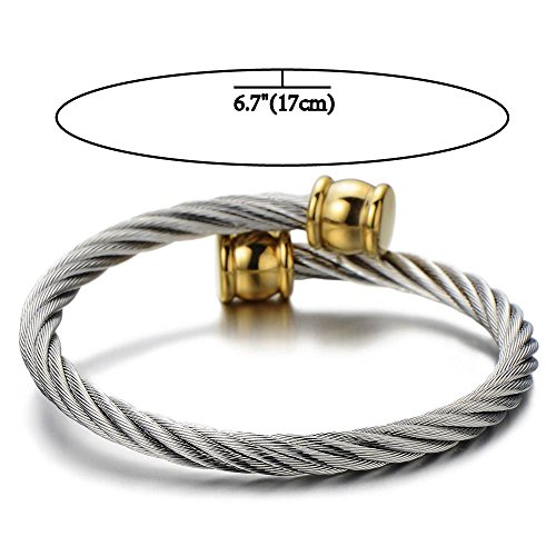 COOLSTEELANDBEYOND Two-Tone Twisted Cable Cuff Bangle Bracelet - Adjustable Stainless Steel For Men & Women