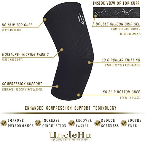 UncleHu Knee Compression Sleeve Suppport for Knee Pain- BEST Knee Brace, Braces and Supports Knee for Pain Relief, Meniscus Tear, Arthritis, Joint Pain, Injury Recovery, Running, Men &amp; Women,1pair