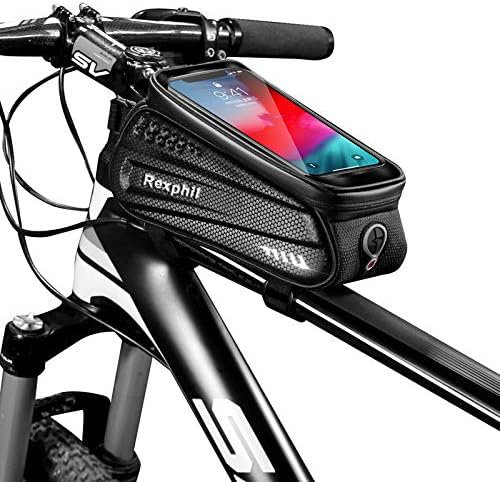 Rexphil Bike Phone Mount Front Frame Handlebar Bags, TPU Waterproof Top Tube Storage Zipper Cycling Bag with Touch Screen Fits iPhone X XS Max XR Include 15 in One Multifunctional Bicycle Repair Tool