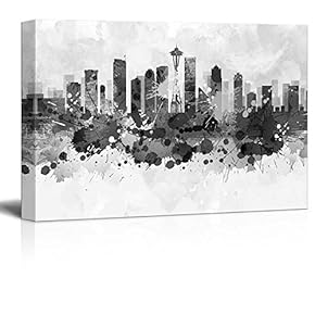 Black and White City of Seattle with Watercolor Splotches - Canvas Art Home Art - 12x18 inches