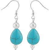 Colloca Turquoise Pearl Dangle Earrings for Women, 925 Sterling Silver Hook Teardrop Earrings, Boho Drop Earrings, Gift Box included