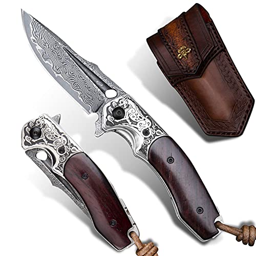 TURENZ Folding Tactical Knife with 3inch Handmade Damascus Steel Blade