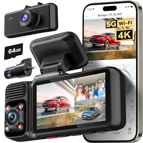 REDTIGER 4K 3 Channel 5G WiFi Car Dashcam with 64GB Map Built-in GPS, 2160P+1080P+1080P Front, Rear and Indoor, Triple with 3 Inch Screen, IR Night Vision, Parking Mode