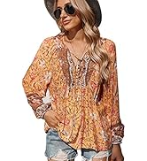 KAYWIDE Women's Casual Boho V Neck Top Loose Floral Printed Long Sleeve Beach Shirts Blouses