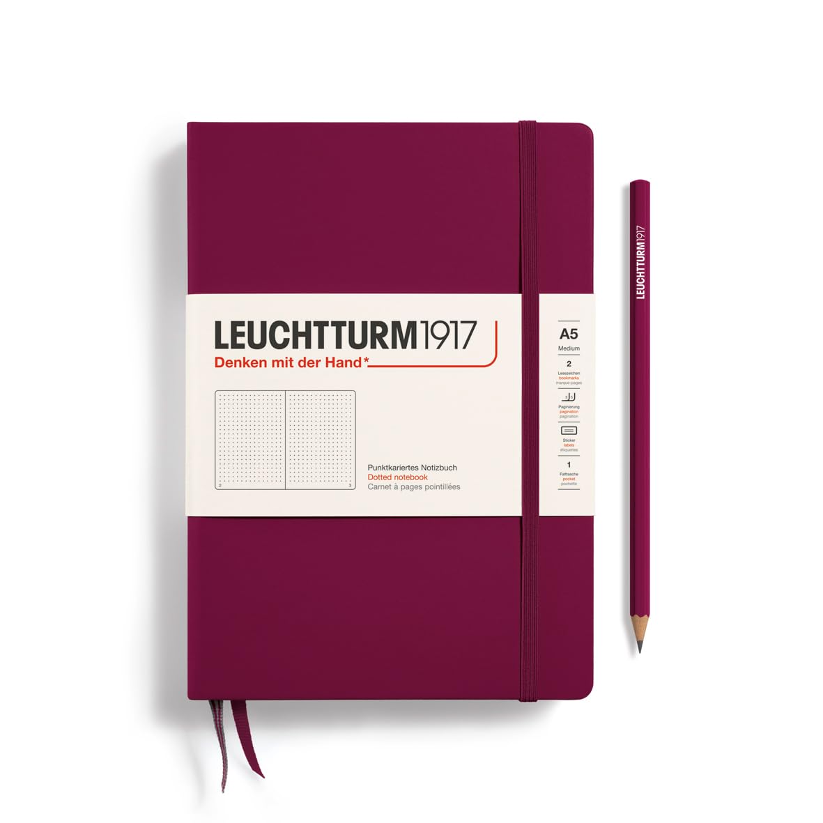 LEUCHTTURM1917 Notebook Medium (A5), Hardcover, 251 Numbered Pages Port Red, Dotted