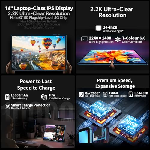 TECLAST T70 Tablet 14 Inch 2.2K Gaming Tablet, Helio G100 2.2GHz Octa-Core, 10000mAh/18W, Dual SIM 4G LTE, 20GB RAM+128GB+8TB TF, 2240x1400/Widevine L1/GPS/13MP/Gemini AI Android Tablet with Pen