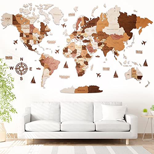 WOW WOOD® Wooden World Map 3D in Italian – High Quality Wall Decorations | Wall Mount Without Tools | Gift Idea for Any Occasion (113.00 x 213.00 CMS, Wood Colour)