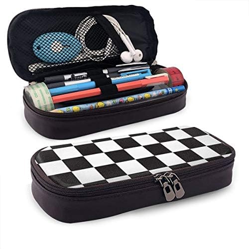Black White Race Checkered Flag Leather Pencil Case Big Capacity Pencil Bag Makeup Zippered Pen Pouch