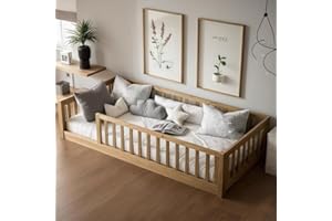 PVWIIK Twin Size Montessori Toddler Floor Bed with Wood Slats for Girls and Boys, Wood Montessori Bed Frame with Safety Guardrails, No Box Spring Needed, Natural