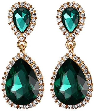 Cosines Jewelry - Green Emerald Teardrop Dangle Earrings White Gold Bridal Women's Wedding Party