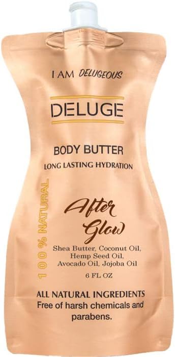 DELUGE - Body Butter- Afterglow -100% Natural. Shea Butter, Coconut Oil, Hemp Seed Oil, Avocado Oil, Jojoba Oil. 6 oz.