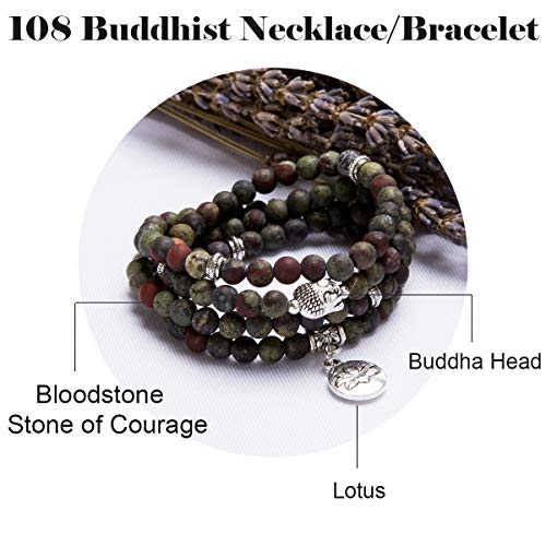 Bivei 108 Mala Beads Bracelet - Genuine Gemstone Mala Prayer Beads Lotus Charm Meditation Necklace (Bloodstone)