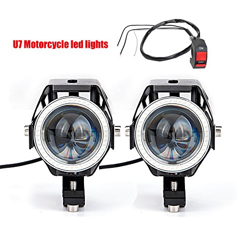 Ourbest U7 LED Motorcycle lights Cree LED Lights Fog Headlights Driving Daylight With Blue Angel Eyes Ring With Switch Daytime White Spotlight High Low Storbe Lights (Pack Of 2)