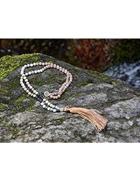 OKIKO - Collar con 108 cuentas de Mala Chakra Boho con cadena larga y borla de meditación para yoga, hecho a mano