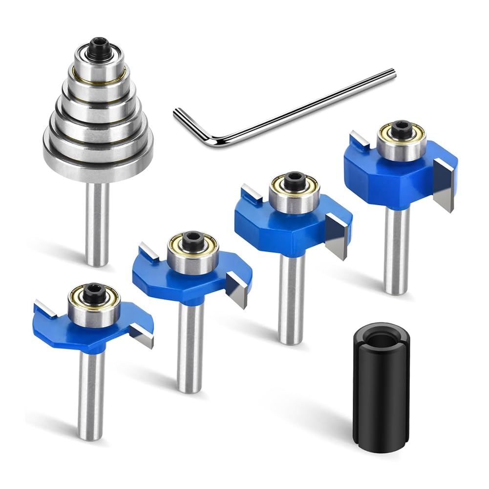 Barfeery 4pcs Router Bits 1/4 Shank with 6 Bearings Set Rabbeting Router Bit for Wood Grooving with 1/2in to 1/4in Router Collet