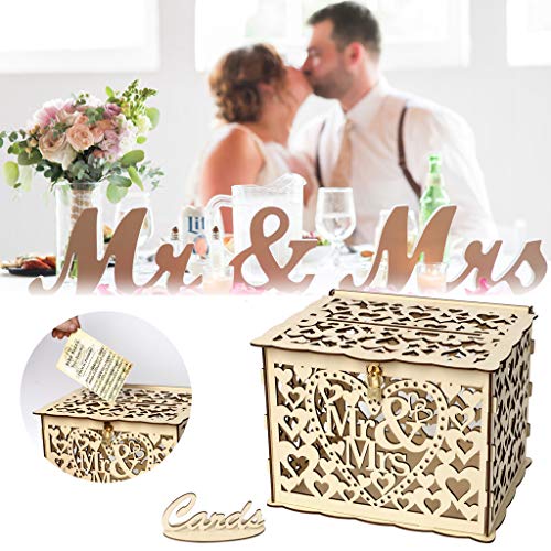 Amaping Wedding Gift Card Holder Box with Lock DIY Money Hollow-out Wooden Gift Boxes, Perfect for Weddings, Graduations & More (Mr & Mrs)