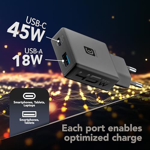 Cargador de Red Power Lite 45 W con Doble Puerto USB-C 45 W y USB-A 18 W Carga rápida simultánea tecnología GAN+ diseño Compacto, Negro