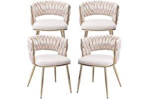 KCC Modern Velvet Dining Chairs Set of 4, Upholstered Living Room Chair with Woven Back and Golden Metal Legs, Mid-Century Accent Side Chair for Dining Room, Kitchen, Beige