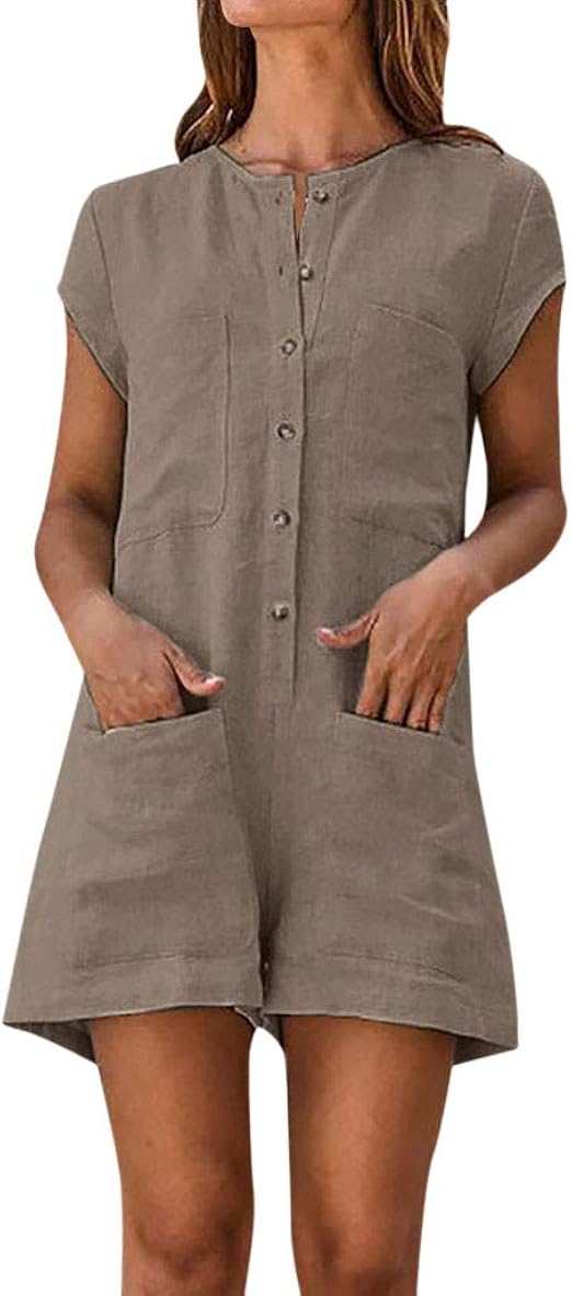 Leinen Jumpsuit Damen Mit Taschen Kurz Sommer Elegant Overall Frauen